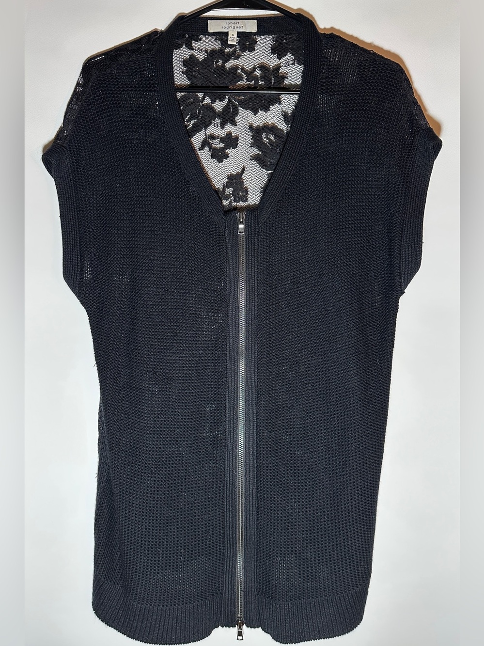 Robert Rodriguez Black Open-Knit Zip Front Short Sleeve Cardigan